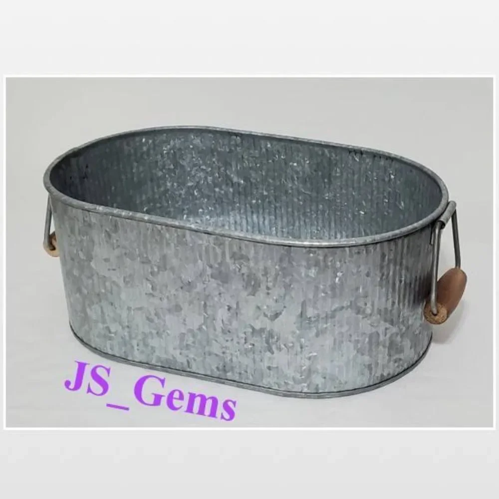 New Bucket Oval Silver Metal Tin Country Pale Farmhouse Storage Caddy Handles NW
